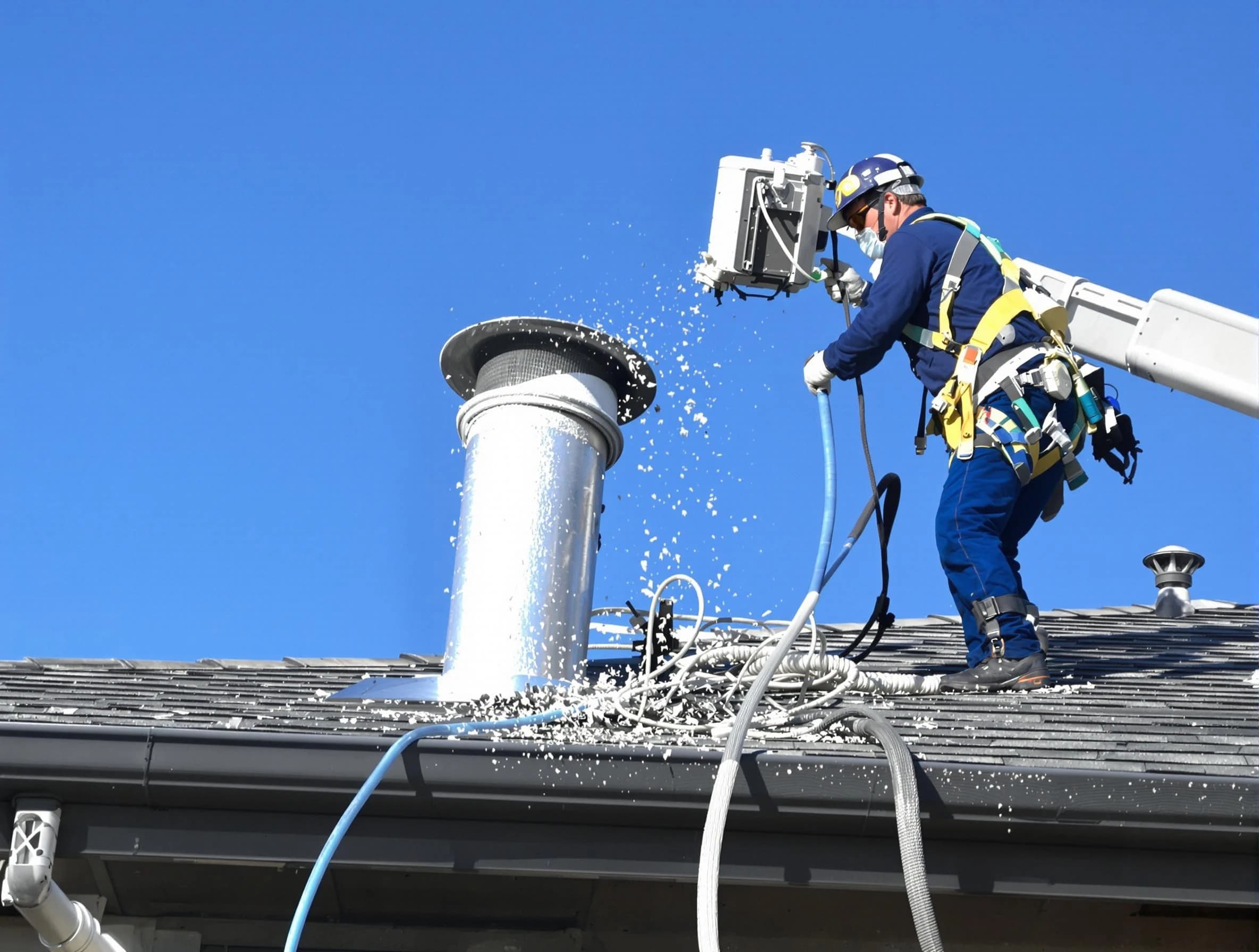 Corrales Dryer Vent Cleaning certified technician safely cleaning a roof-mounted dryer vent in Corrales